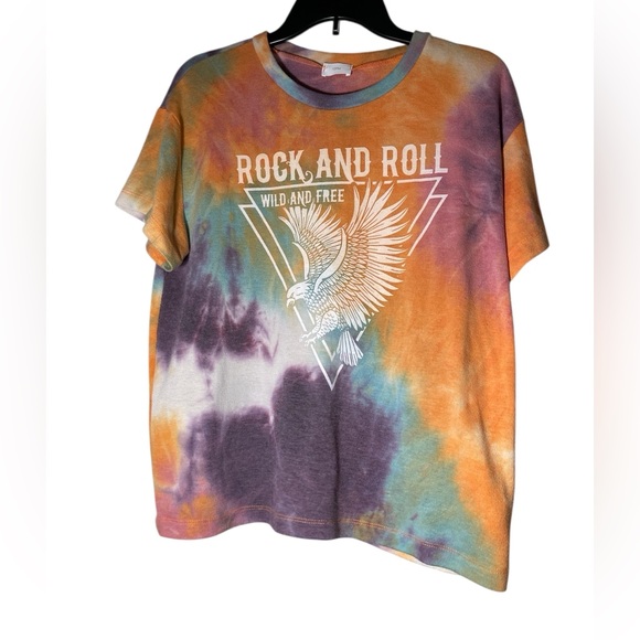 12PM Tops - Women's Rock and Roll” tie dye Sunkist graphic print T-Shirt by 12PM Size XL